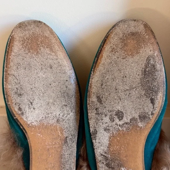 Gucci Princetown Fur Mules Color Teal Velvet Horsebit Slides Womens Size 36.5 - Picture 15 of 16
